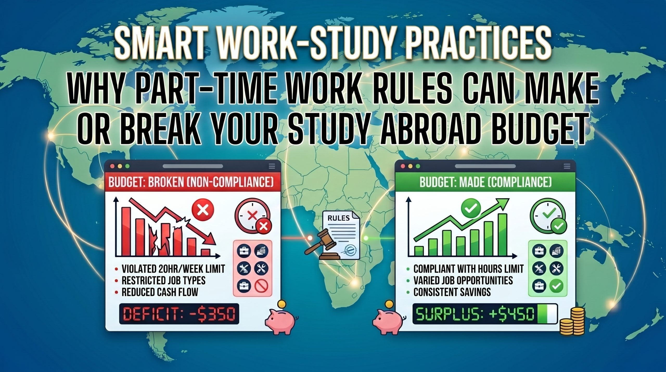 Master part-time work rules for international students in 2026. Compare work hours, minimum wages, and visa restrictions across UK, Canada, Australia, Germany, and USA.